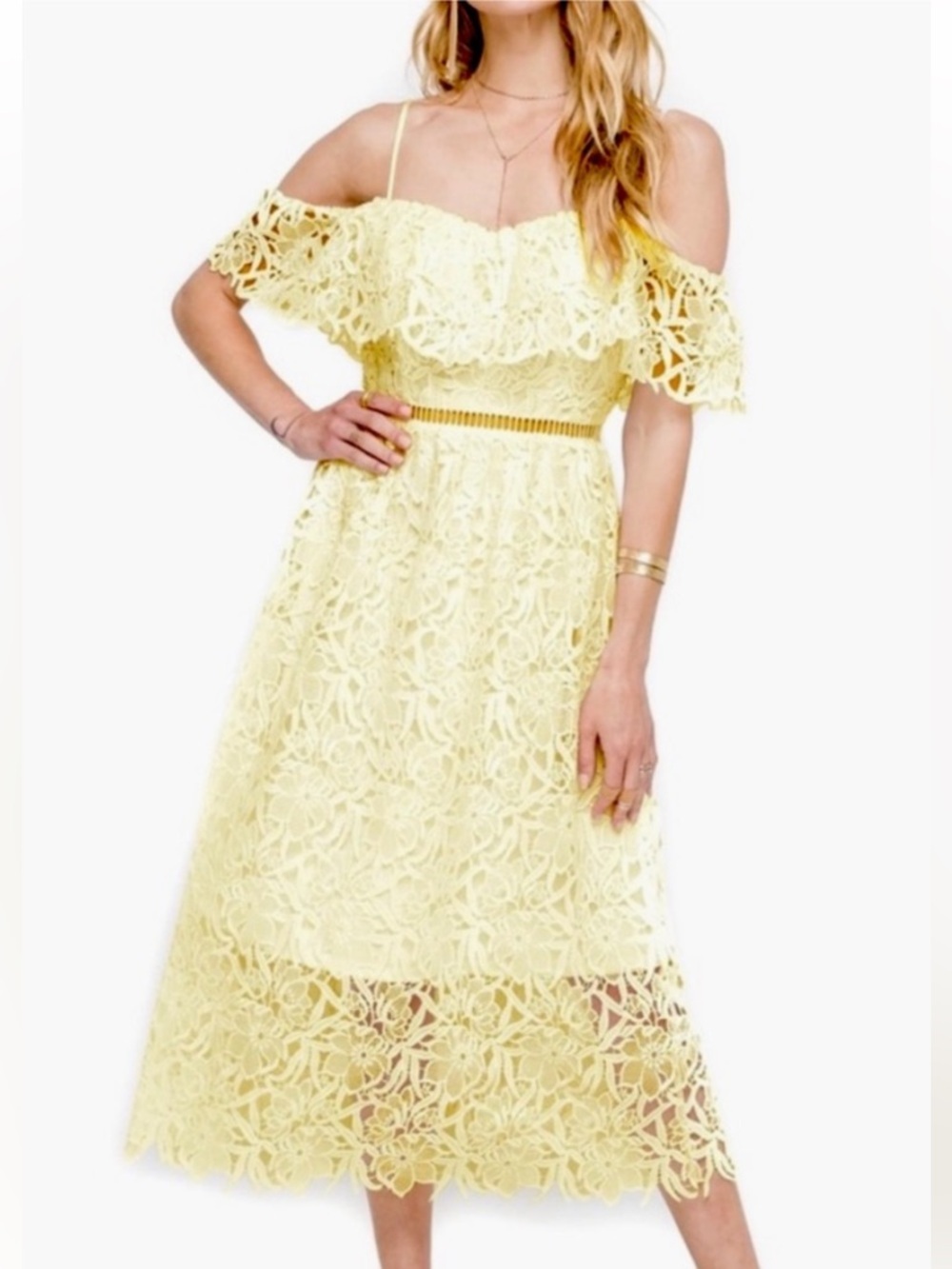 ASTR THE LABEL BUTTER YELLOW FLORAL LACE OFF THE SHOULDER MIDI DRESS